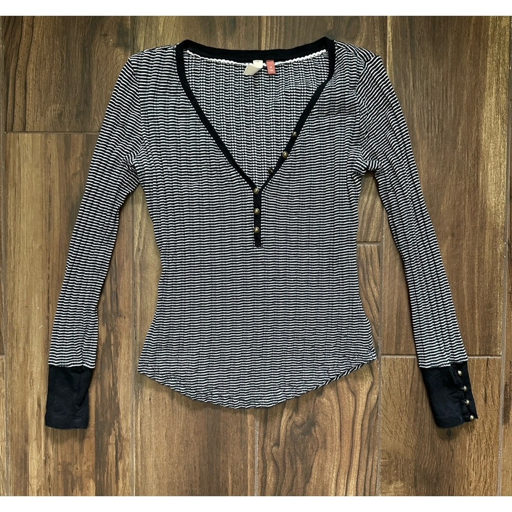 Pilcro and the Letterpress Striped Henley Top Black White XS Long Sleeve Button